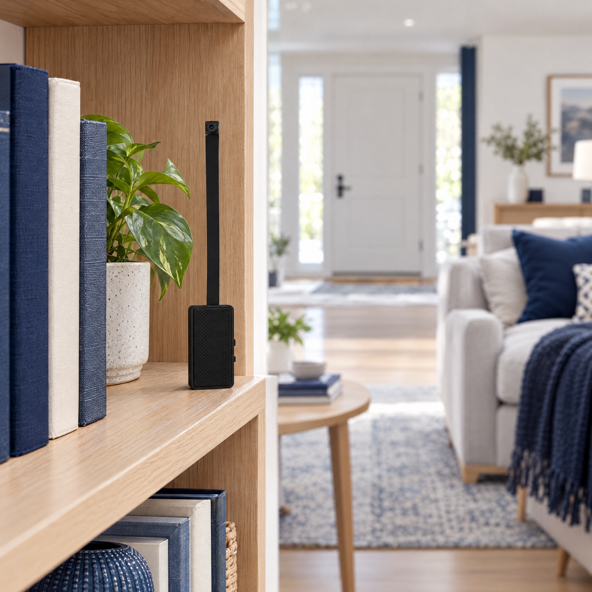 Mini WiFi camera on a bookshelf