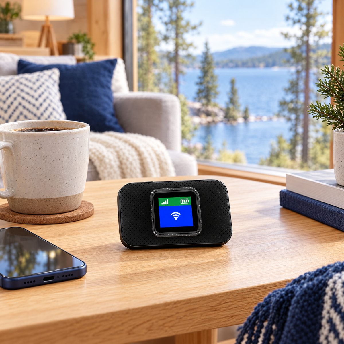 Portable 4G WiFi router in a holiday cabin