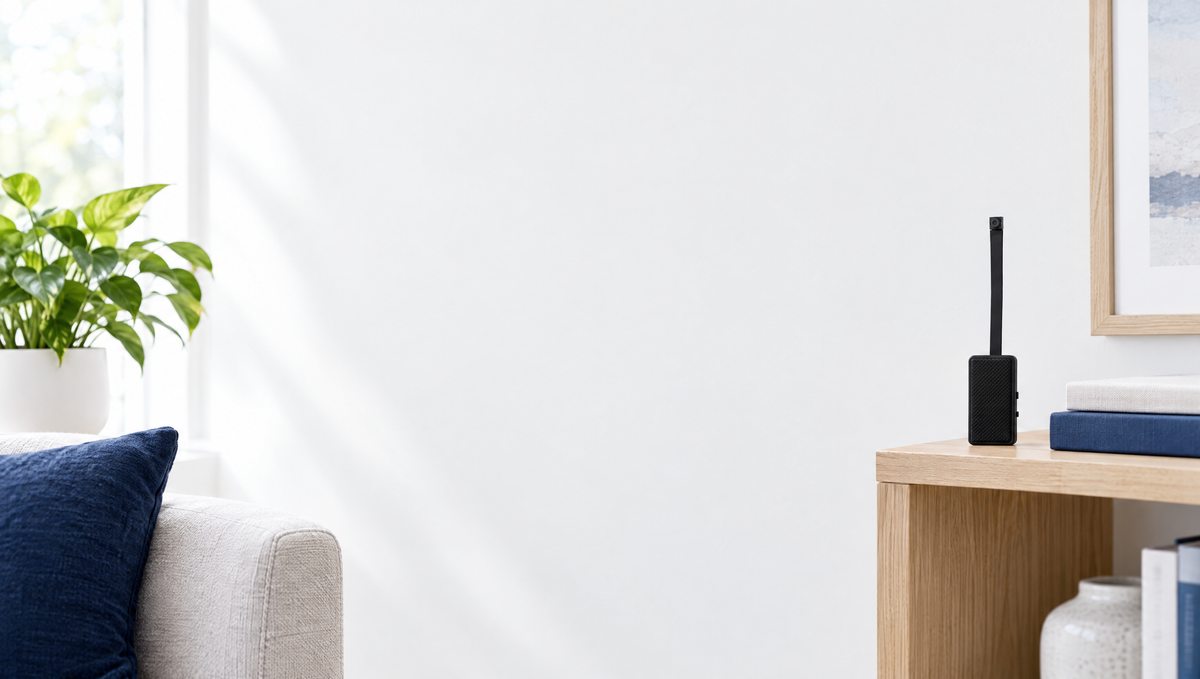 LOCKD mini WiFi camera on a shelf in a bright modern living room